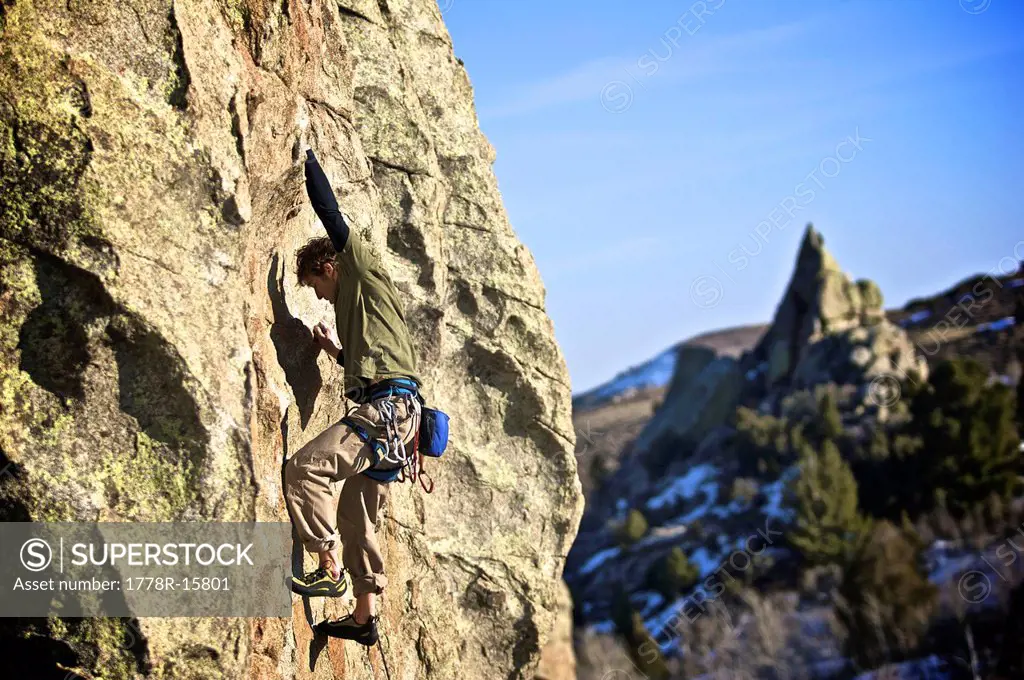 A man climbs at the City of Rocks in Idaho.