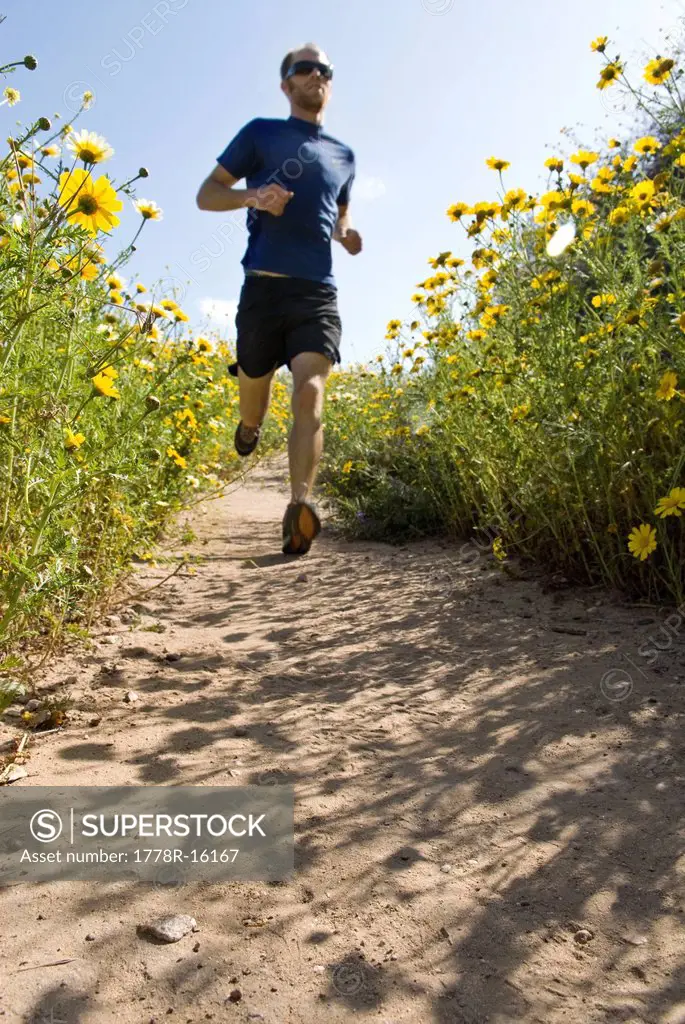 A young man trail runs along a trail lined by springtime flowers in the hills of Ventura, California.