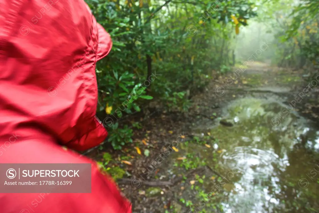 A woman hikes on a rainy day in North Carolina.