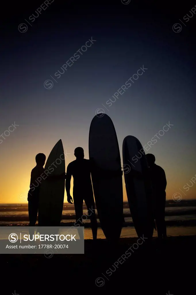 Silhouettes of surfers at the beach watching the sunset.