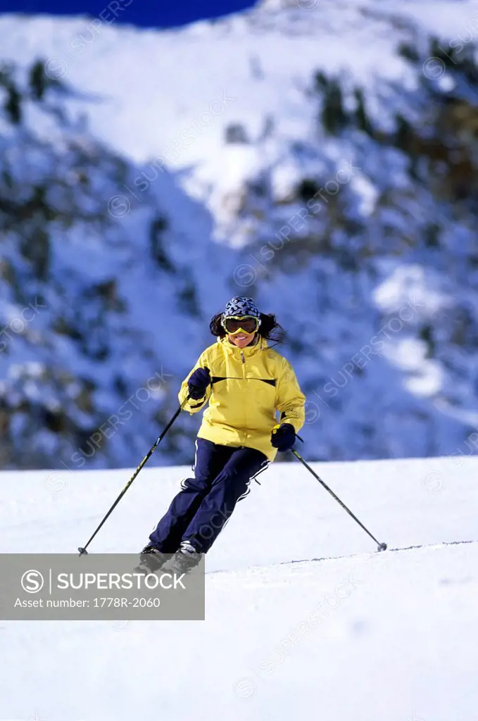 Woman skiing at Snowbird, Utah.