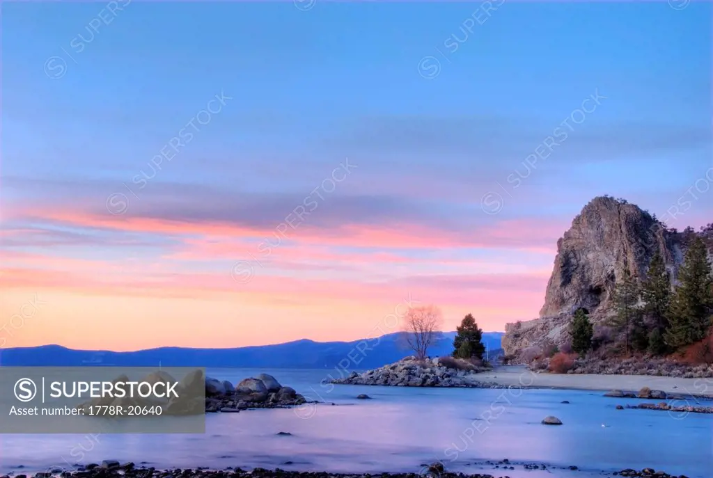 Cave Rock at sunset in Lake Tahoe, Nevada.