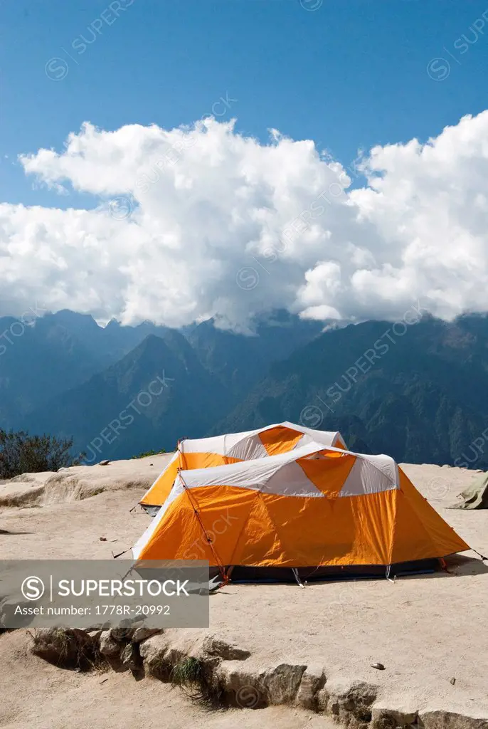 A camp is prepared for a group of hikers in the Andes Mountains on the Inca Trail.