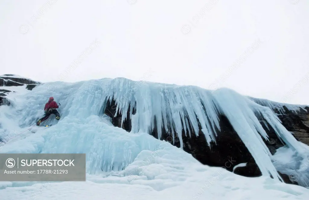 A man leads an ice climb in Truckee, California.