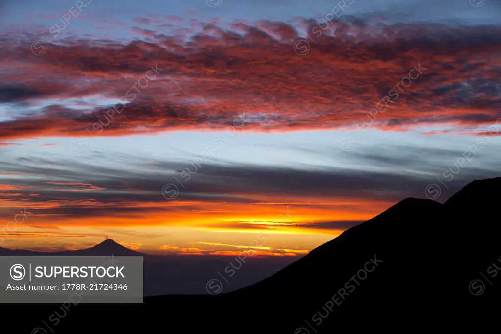 Clouds over Nevado de Toluca landscape at moody dusk, Toluca, State of Mexico, Mexico