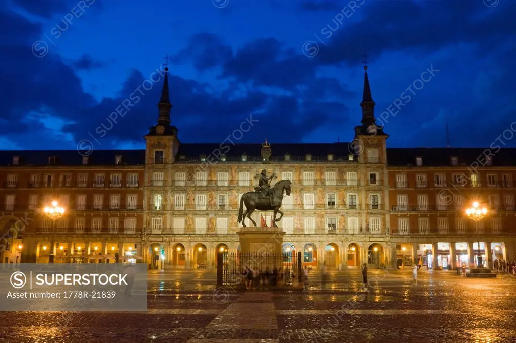 Plaza Mayor at dusk just after a rain storm in Madrid, Spain.