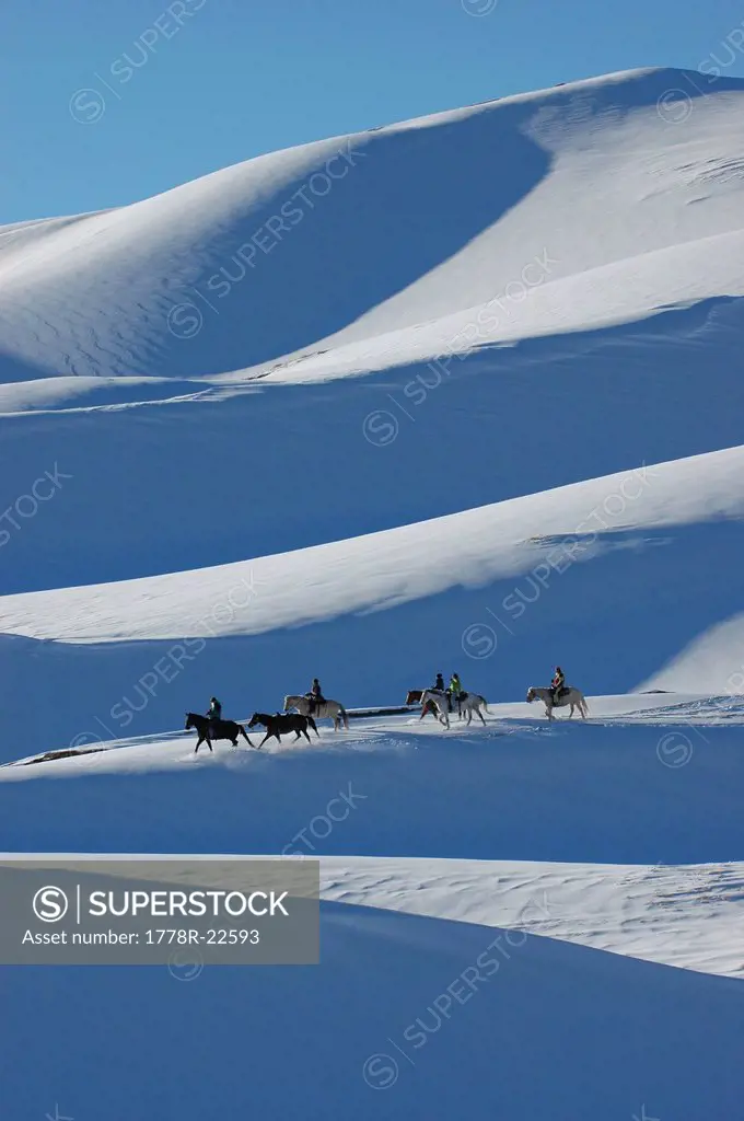 Horseback riders on winter dunes