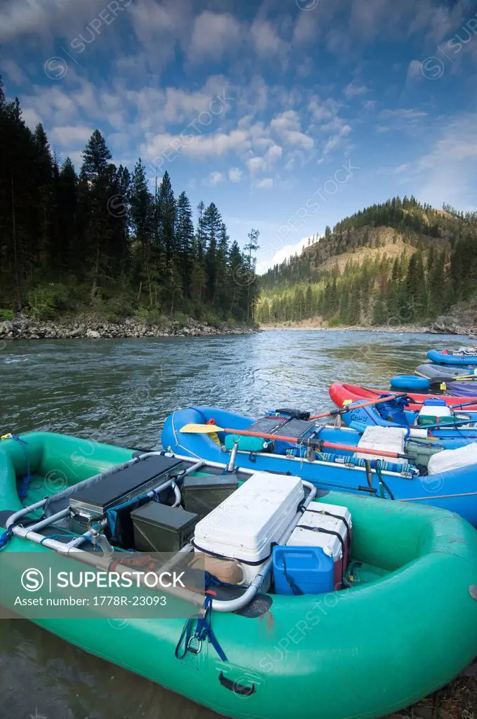Rafts lined up at camp on the Main Salmon River, Payette National Forest, Riggins, Idaho.