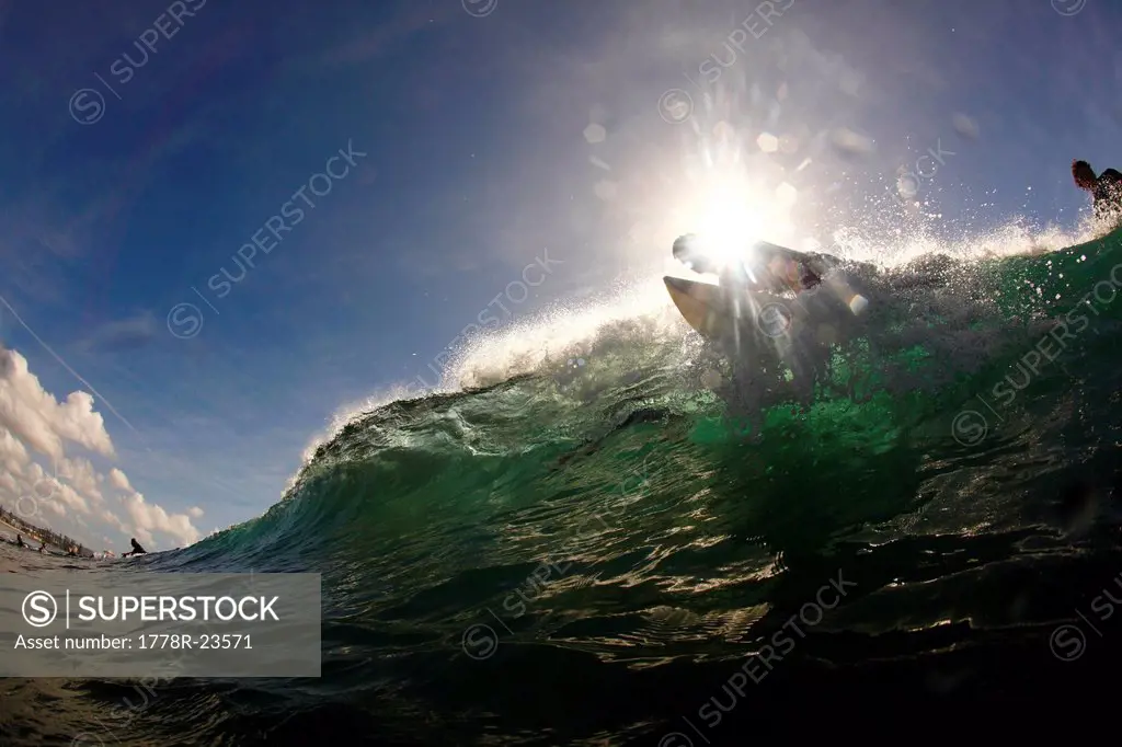 Low_angle view of a surfer on top of a green wave, backlit by the sun.