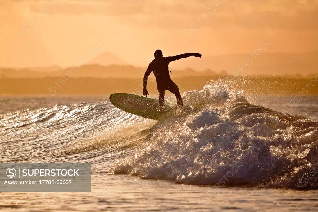 A surfer catches a wave at T_Tree Point, Noosa Heads, Queensland, Australia.
