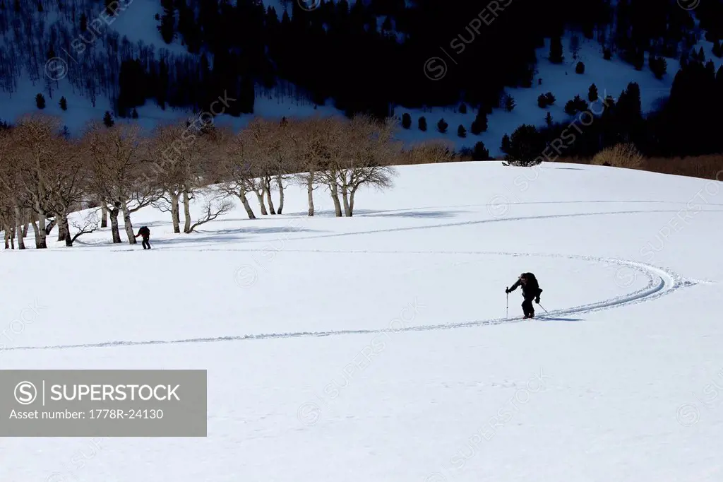 Two men backcountry touring / hiking up hill on clean snow.