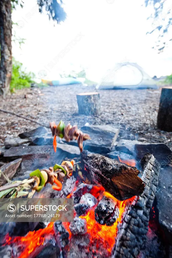 Young adults cook shish kabobs over the fire on a camping trip in Idaho.