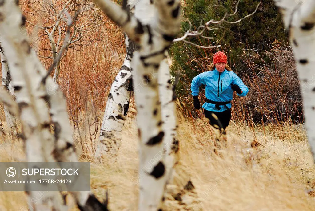 A woman trail running near birch trees.