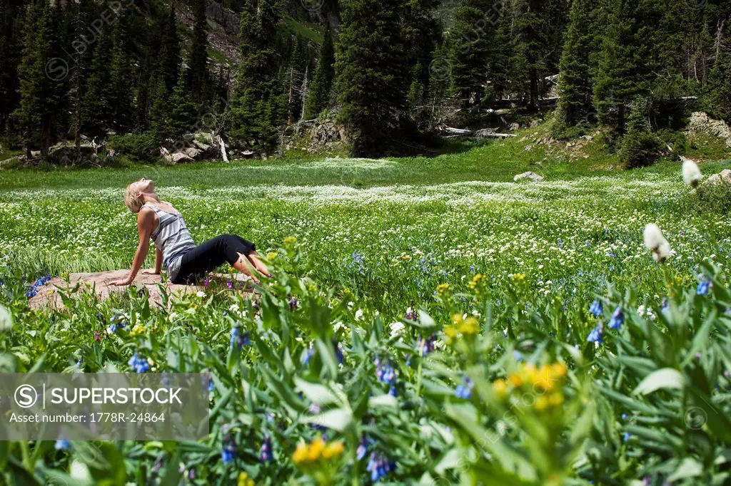 A young woman relaxes on a rock taking in the beauty of the wildflowers and fresh air.