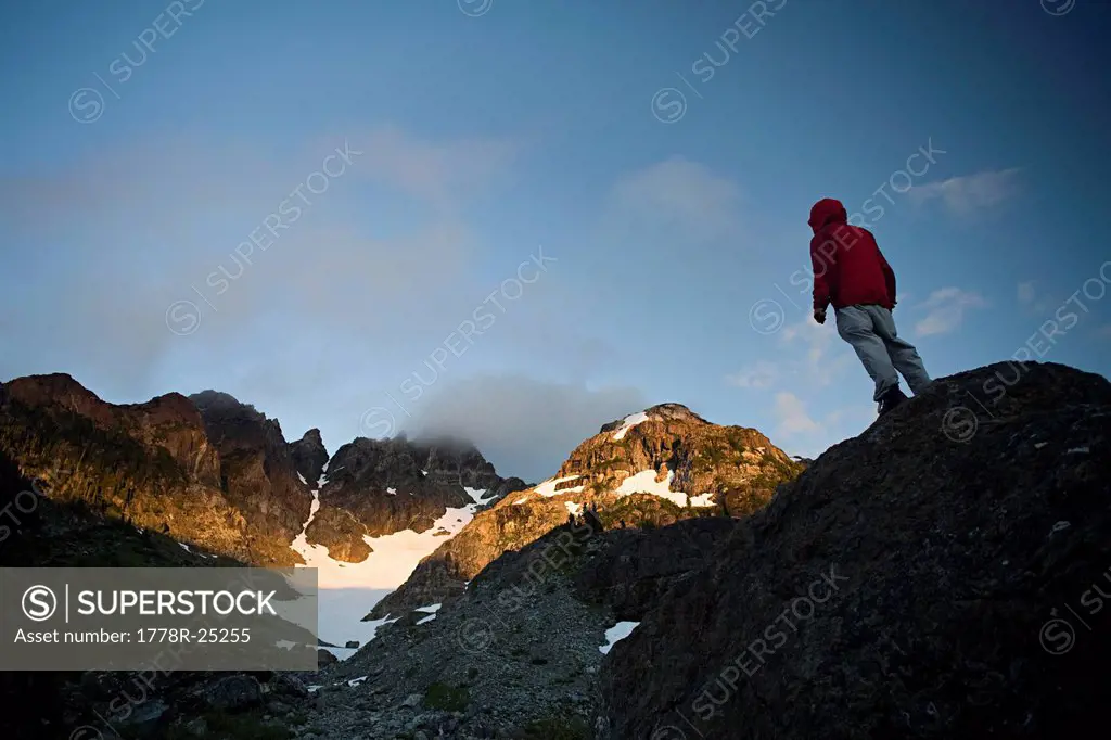 Climber at the base of Mount Septimus, Strathcona Park, British Columbia.