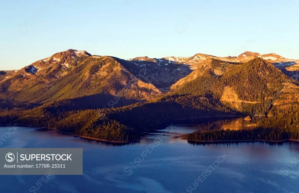 An aerial view of Emerald Bay and Mount Tallac at sunrise in Lake Tahoe, California.