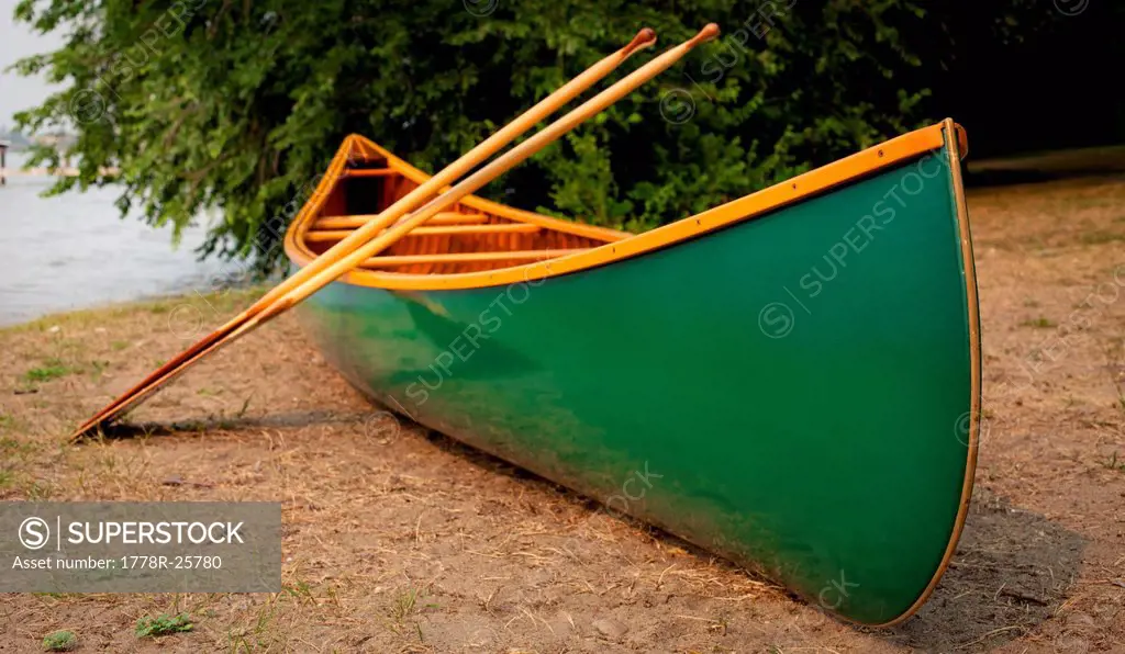 A portaged, green cedar canvas canoe and paddles.