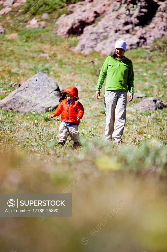 a woman walks with her 2 year old son through an alpine meadow. They are on the Continental Divide Trail CCT, trail number 813 just north of Squaw Pas...