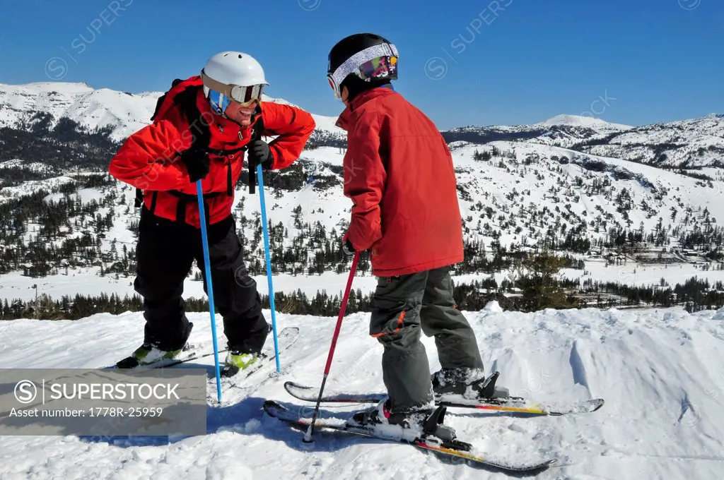 A ski instructor gives his student advice at Kirkwood Mountain Resort near South Lake Tahoe, CA.