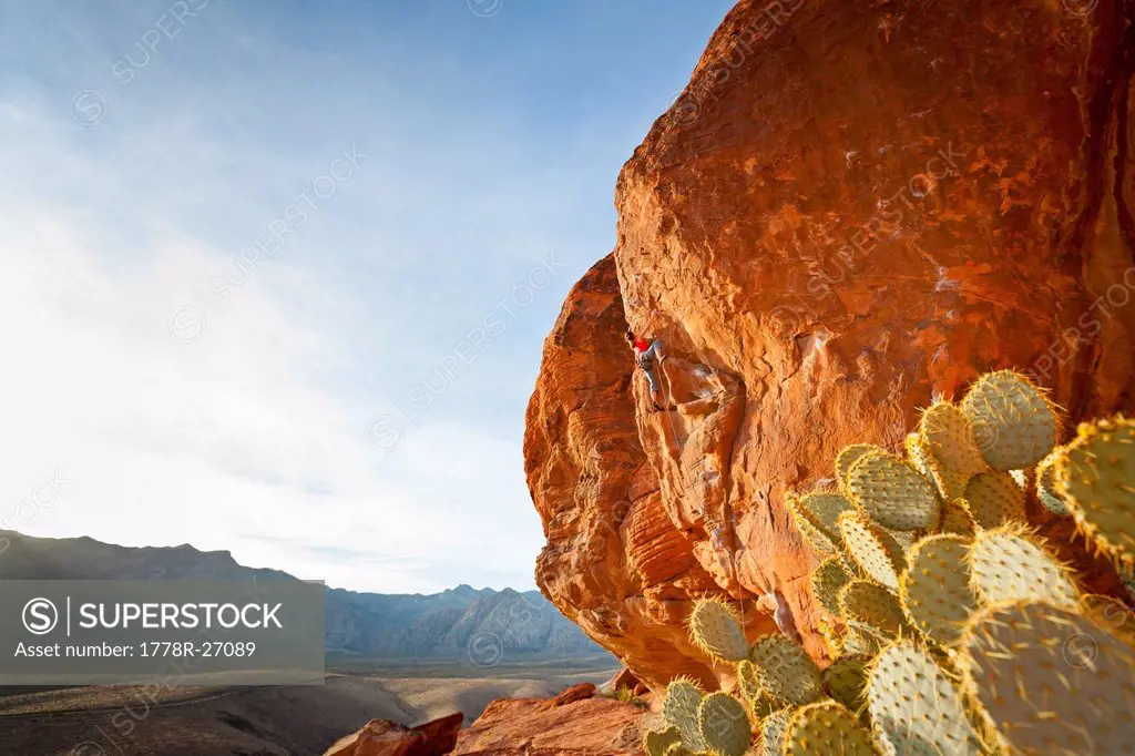 A rock climber in the Calico Hills, Red Rock Canyon National Conservation Area, Nevada, USA.