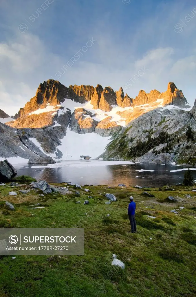A beautiful sunrise over Iceberg Lake and the Minarets on the Sierra High Route, CA.
