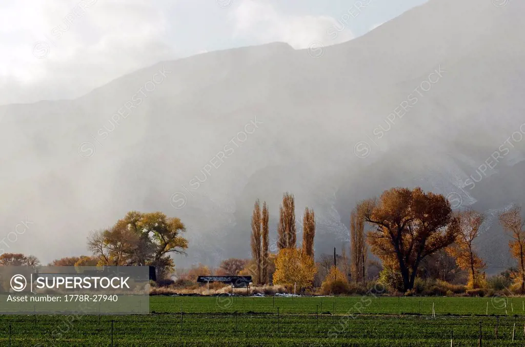 A farm surrounded in fall color with a snow storm approaching in Yerington, NV.