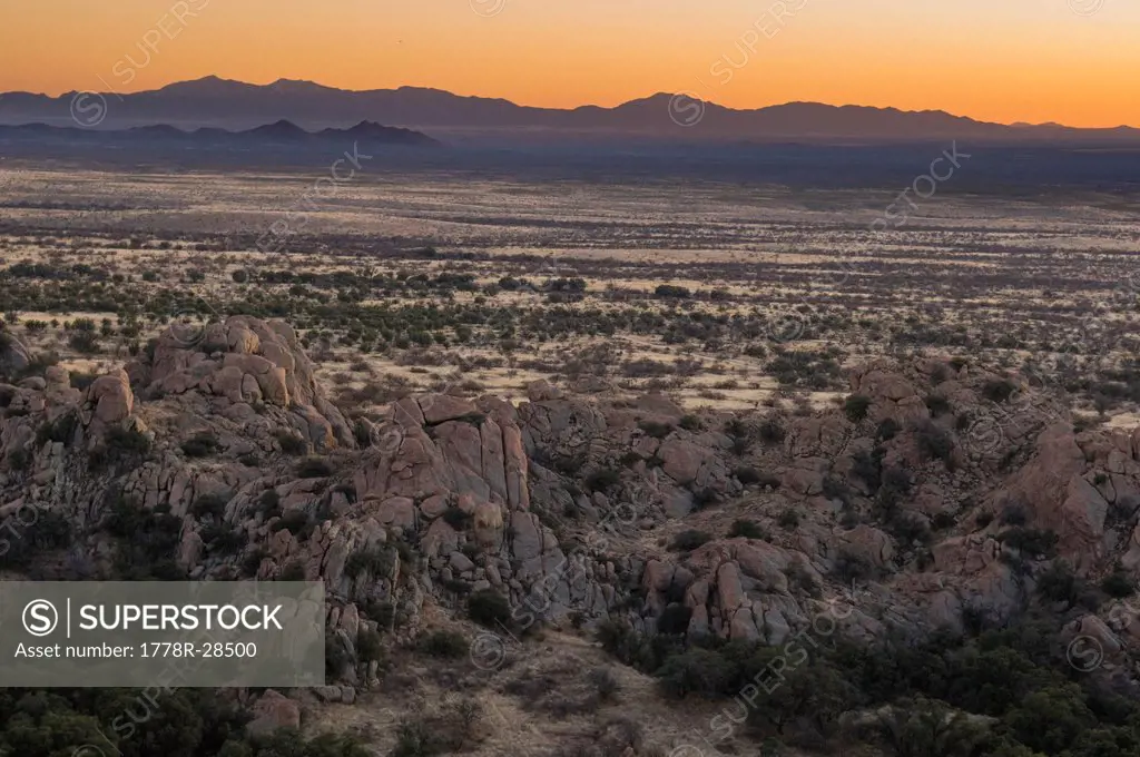 A colorful desert sunset in the Dggragoon Range, Coronado National Forest, Tombstone, Arizona.
