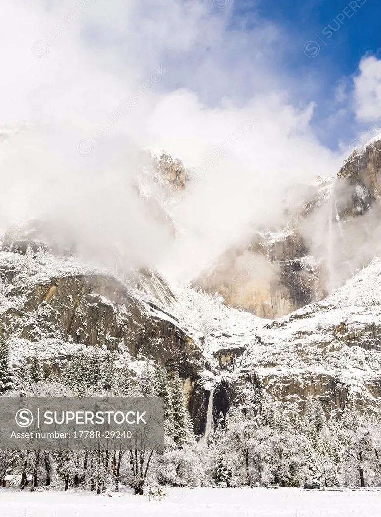 Clearing snow storm and Yosemite Falls, Yosemite National Park, California