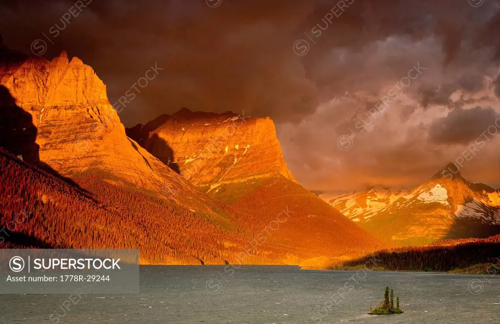 Stormy sunrise over Saint Mary Lake, Glacier National Park, Montana