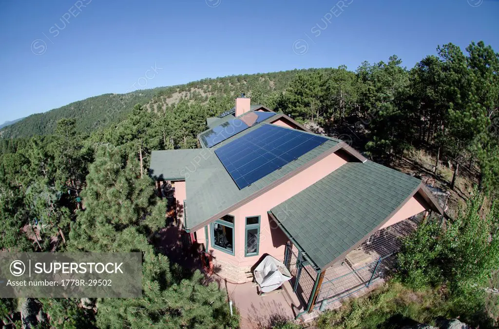 Solar-powered house in the forest.