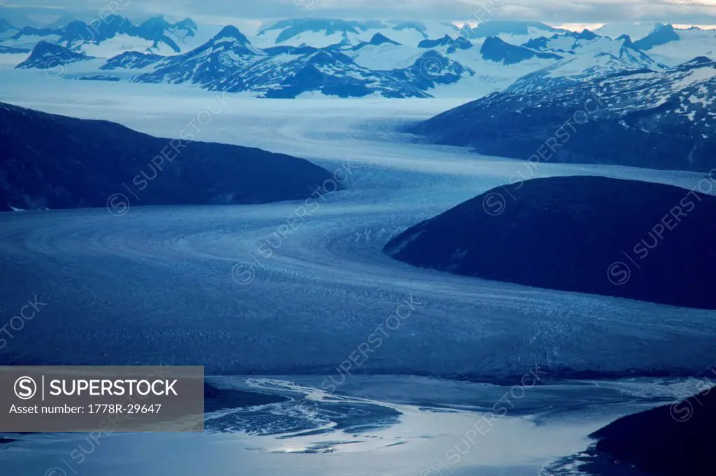 Distant view of mountain ranges covered with snow, Alaska, USA.