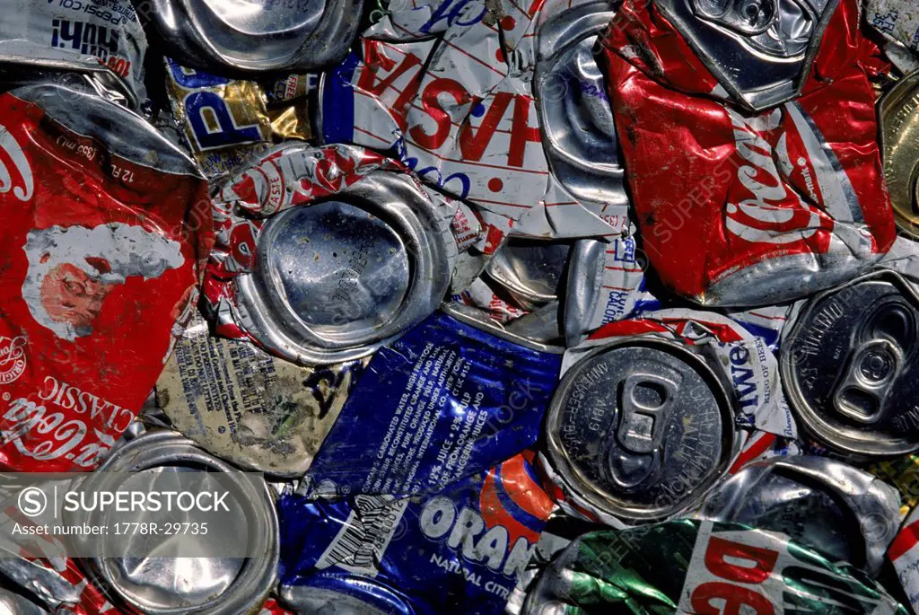 Close up of recycled cans dumped, California, USA.