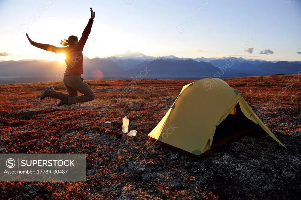 Backpacker camping on Kesugi Ridge Trail in Denali State Park, Alaska.