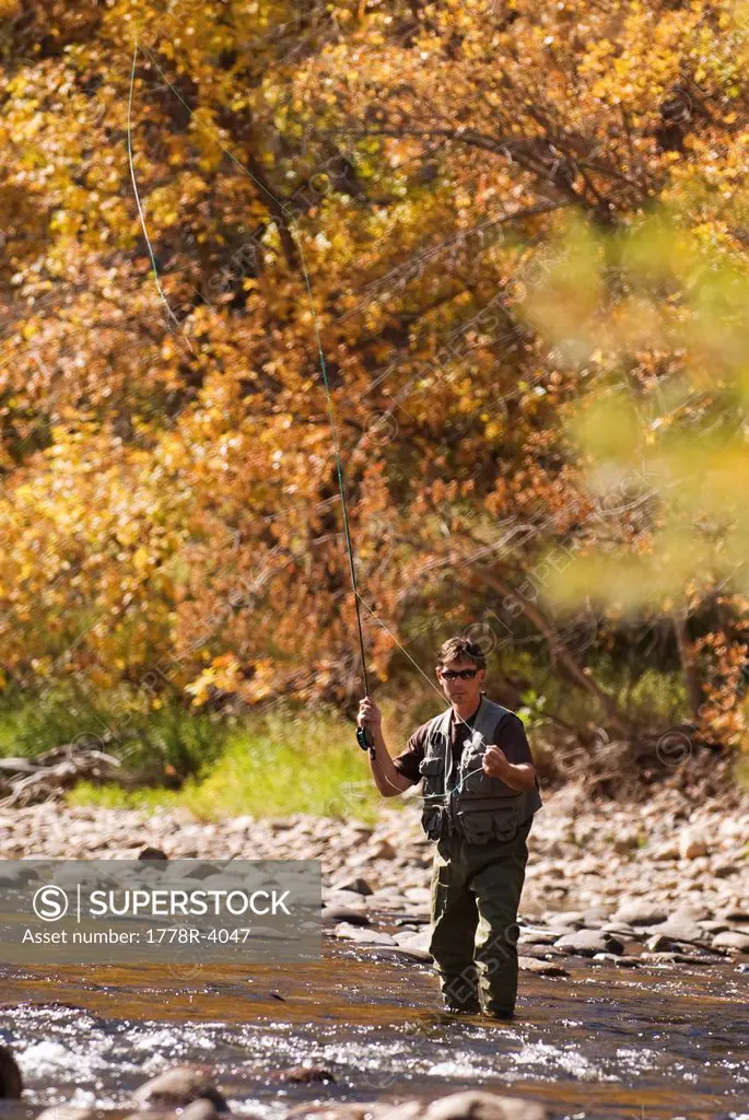 A man fly fishing in the Cache La Poudre River in autumn near Fort Collins, Colorado.