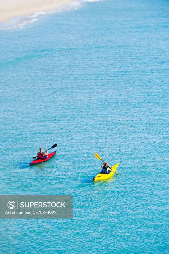 Two people sea kayaking in Kino Bay, Mexico.