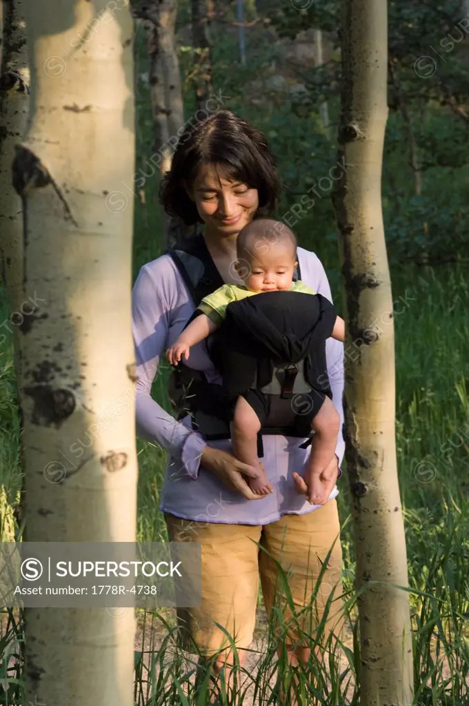 A mother walks with her daughter in a front carrier through an aspen grove.