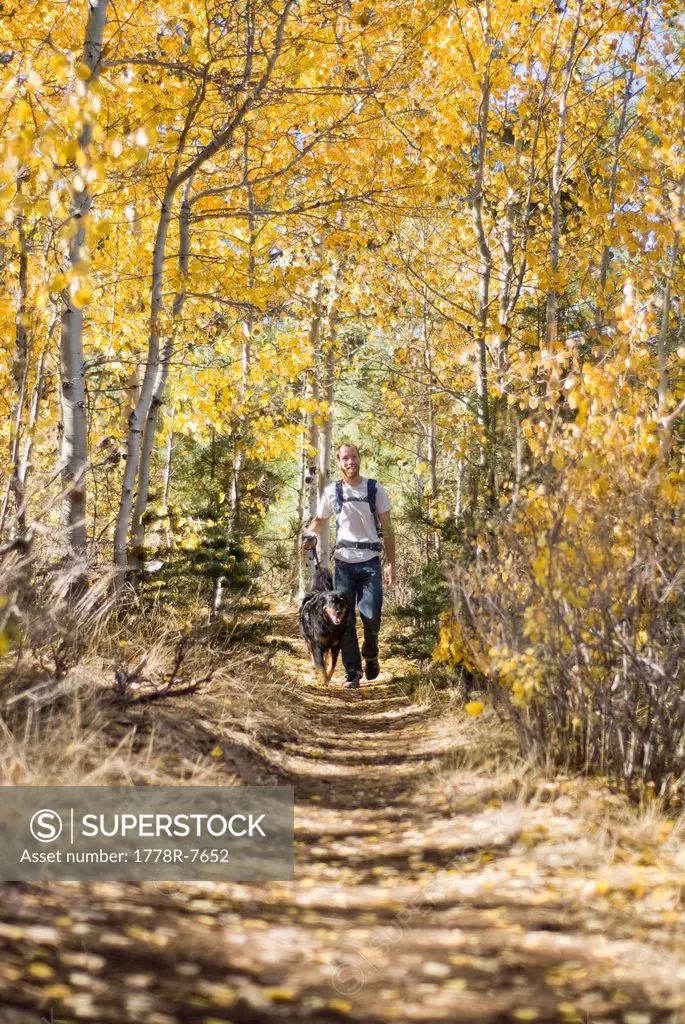 A young man and his dog walk on a trail covered with fall leaves at Spooner Lake, Nevada.