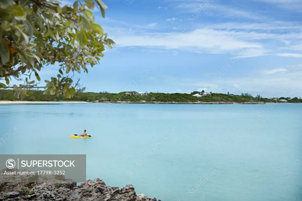 Yellow raft in lake, Bahamas, Nassau Island, Caribbean