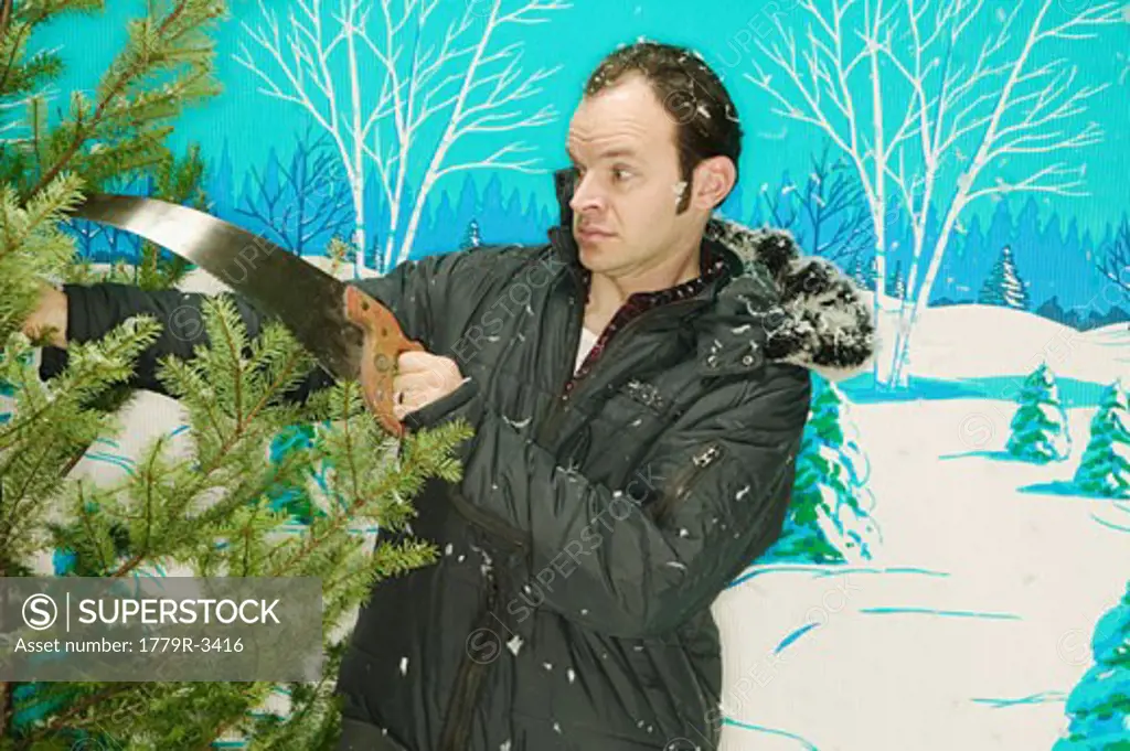 Man chopping down Christmas tree