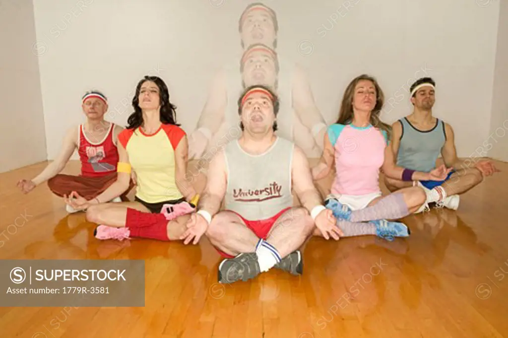 Photo-composite of group of people practising yoga