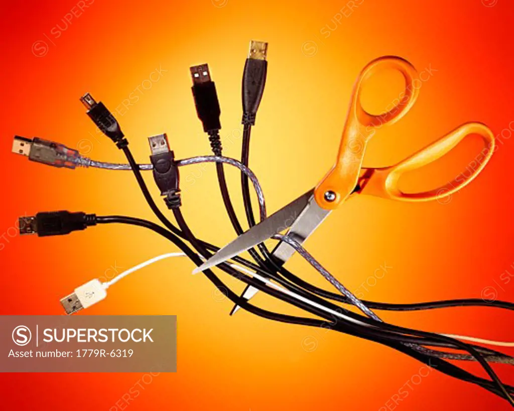 Scissors cutting USB cords
