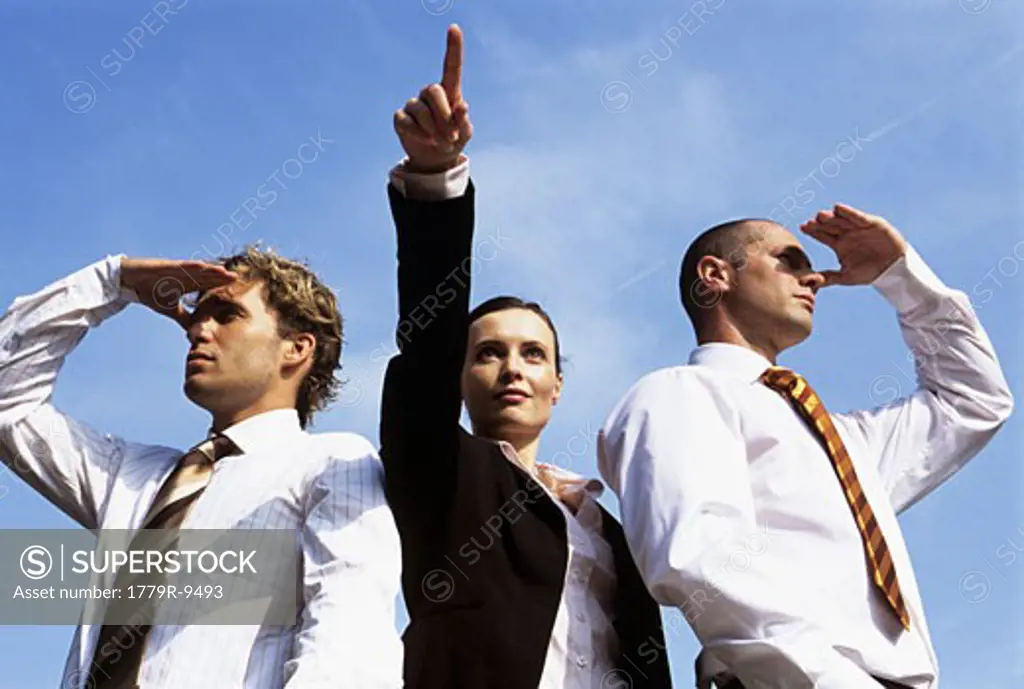 Businesswoman standing with two pointing businessmen