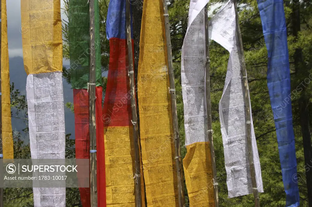 Prayer flags hanging, Close Up, Taktshang Goemba, Tigers Nest Monastery, Bhutan