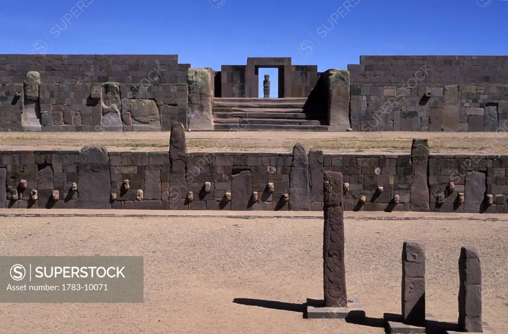 Entrance to Kalasasaya with Ponce Monolith from Semi-underground Temple, Tiahuanaco, Bolivia