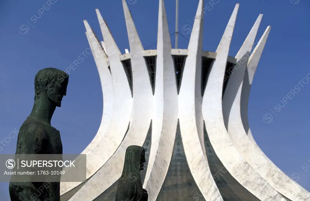 Statues outside modern building, Cathedral, Brasilia, Brazil.