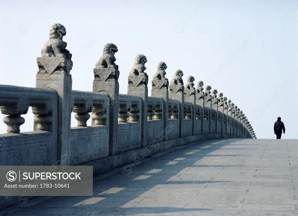 Dogs on the pillars of the 17 Arch Bridge in the grounds of the Summer Palace, Beijing, China