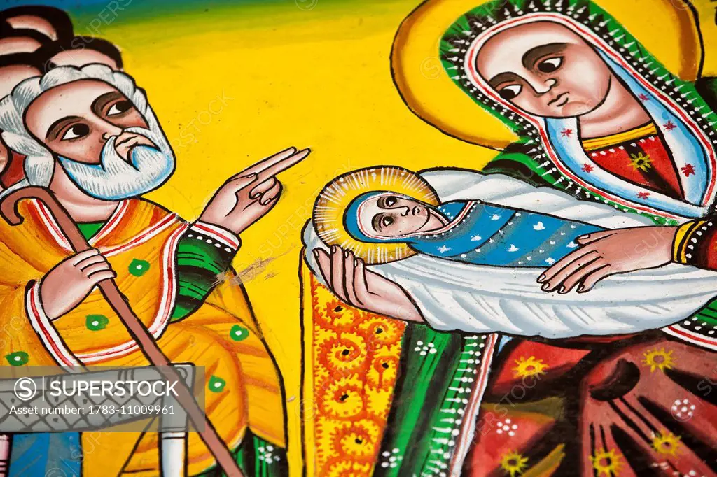Details of church wall paintings depicting biblical scenes; Ethiopia