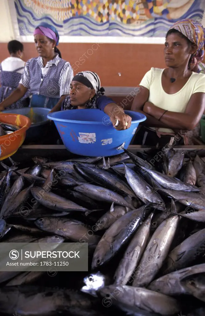 Women holding bowls at Fish Market, Mindelo, Sao Vicente, Cape Verde.