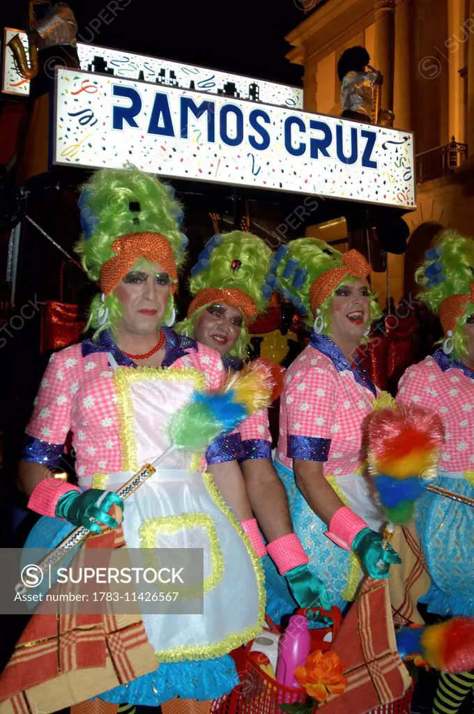 Canary Islands, Santa Cruz De Tenerife: Dancers In Drag Costumes Processing Through The Streets At The City's Annual Carnival. Copyright Anna Watson/A...