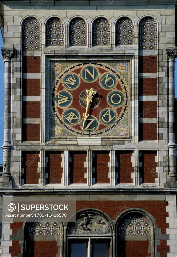 Central Station, Detail Of Clock Tower, Clock Face, Amsterdam, Netherlands